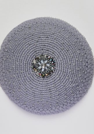 Grey Embroidered Kippah - Womans Handmade Beaded Kippah