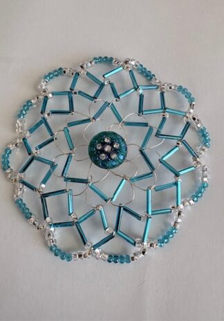 Turquoise With Crystals - Handmade Beaded Kippah with Vintage Centerpiece
